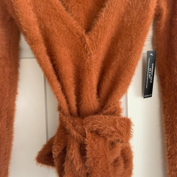 Camel Fuzzy Wrap Sweater. Tie Front, Long Sleeve. Sexy, Low Plunge V-Neck. US S - Picture 4 of 7